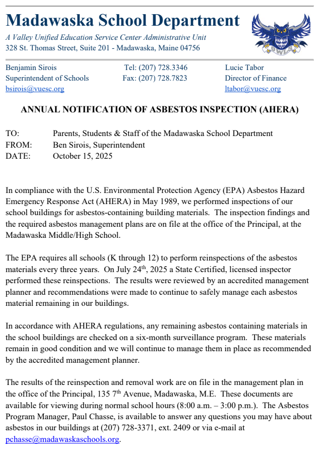  ANNUAL NOTIFICATION OF ASBESTOS INSPECTION (AHERA)